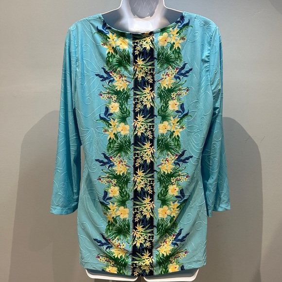 JM Collection Seafoam Blue Floral Top Medium NWT - Picture 4 of 7